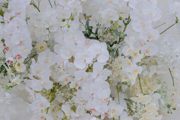 Fluffy white hydrangeas and delicate white filler flowers complete the lush and harmonious display. 
The bright lighting enhances the pure white tones, creating a soft and serene aesthetic.