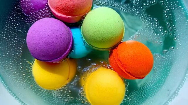 Assorted vibrant bath bombs dissolving in clear water forming bubbles creating a playful and colorful relaxation scene.