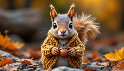 Obraz premium charming squirrel wearing a knitted cardigan, adorned with an acorn pendant, in a whimsical style, vibrant harvest colors, detailed textures, elevated view composition, high resolution