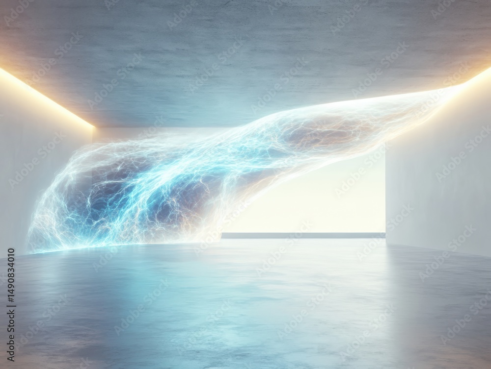 Poster dynamic lightning wave action in modern architecture futuristic interior space digital art environme