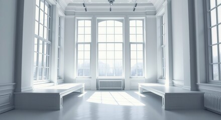 Fototapeta premium Bright, airy interior with large windows and minimalist design, filled with natural light and clean lines.