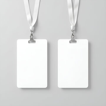 Two Blank White ID Cards or Backstage Passes Hanging on White Lanyards