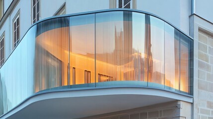 Obraz premium Modern architectural facade with curved glass balcony.