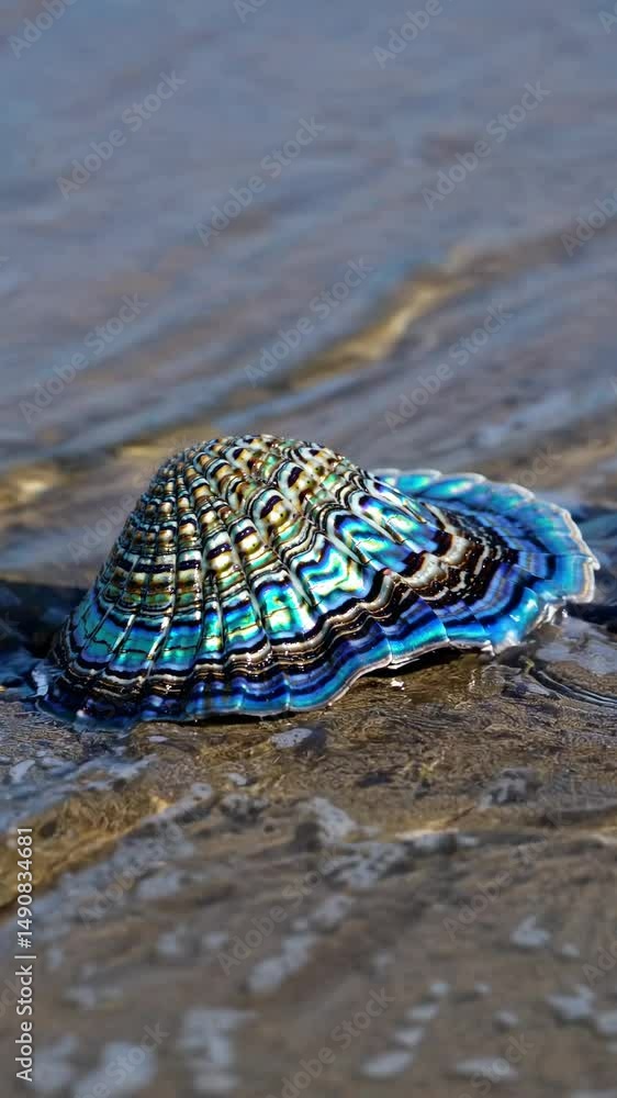 Poster close-up of a vibrant seashell in shallow water, captured from a low angle. the video showcases intr