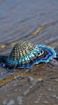 Close-up of a vibrant seashell in shallow water, captured from a low angle. The video showcases intricate patterns and vivid colors of the shell.
