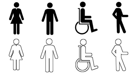 Restroom door pictograms. Woman and man public toilet vector signs, female and male hygiene washrooms symbols, black ladies and gentlemen wc restroom ui