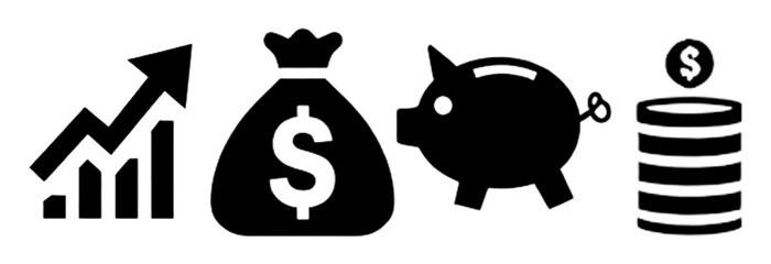 Finance icons. Business Icons, money signs. Money silhouette collection. Wallet with cards icon. Coins silhouette icon. Growth chart. Moneybag or stash. Piggy bank flat style - stock vector