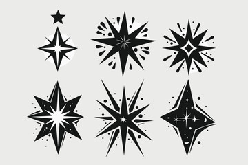 Obraz premium Star shapes set. Abstract random pencil and crayon kids drawing. Spiky geometric vector elements. Hand drawn rough edge sparkles set on pastel background