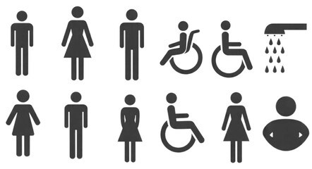 Restroom door pictograms. Woman and man public toilet vector signs, female and male hygiene washrooms symbols, black ladies and gentlemen wc restroom ui