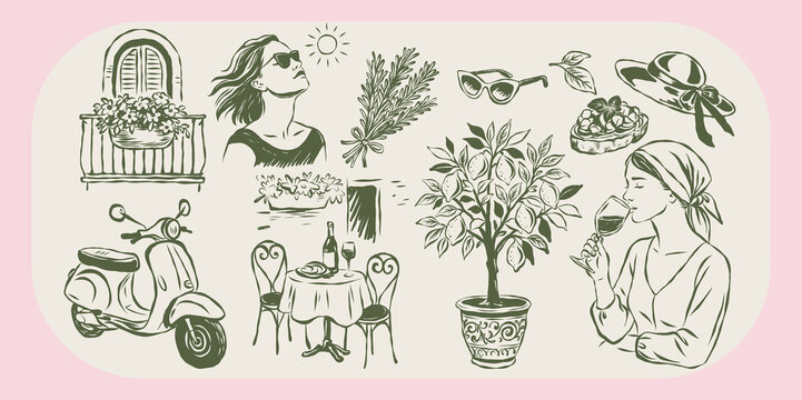 Elegant vector set with Italian summer elements: lemons, scooter, wine, balcony, cafe scene, rosemary, fashion, and food. Perfect for branding, packaging, stationery, and travel themes.