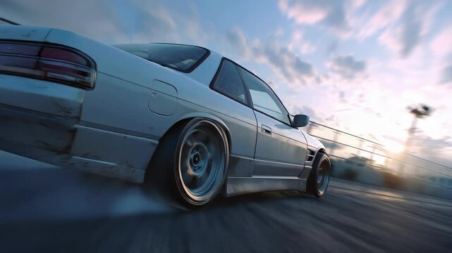 Dynamic drift: white car racing on track with smoke trail under dramatic sky