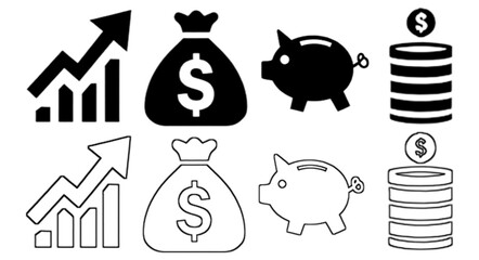 Finance icons. Business Icons, money signs. Money silhouette collection. Wallet with cards icon. Coins silhouette icon. Growth chart. Moneybag or stash. Piggy bank flat style - stock vector