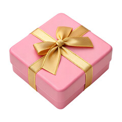Pink gift box with golden ribbon bow top view on white background