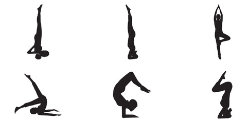 Set of Silhouette Yoga Poses Flexible Poses for Fitness, Health, and Wellness Design. Silhouettes of woman doing yoga exercises. Icons of flexible girl stretching and relaxing eps 10