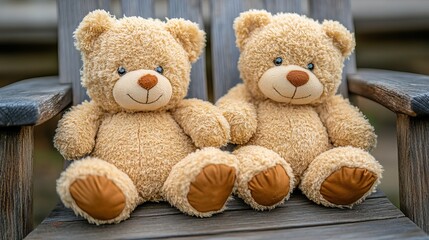 Obraz premium Two cute teddy bears sitting on a wooden bench in a sunny outdoor setting