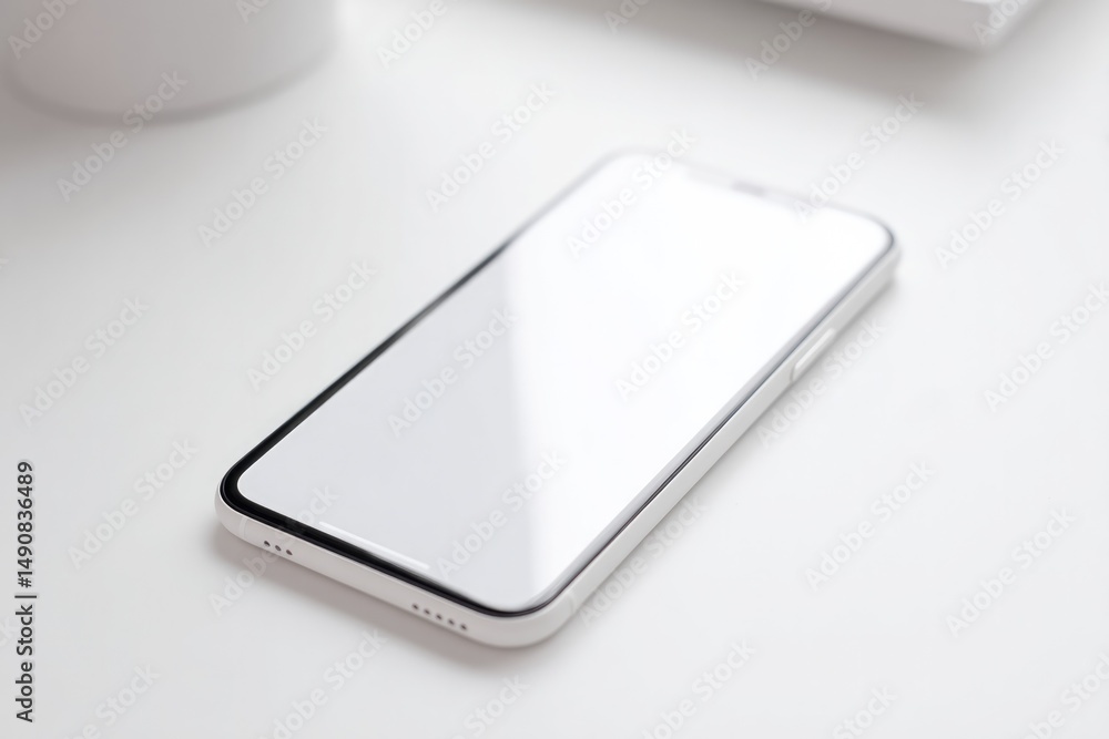Aufkleber ? lonely smartphone on empty white table highlights its minimalistic design emphasizing sleek lines 
