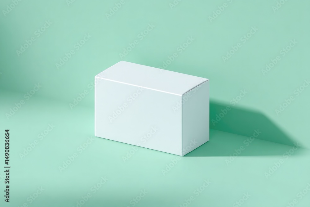 Poster 3d-rendered product box stands symmetrical on solid-colored background with soft shadows