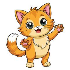 A fluffy ginger kitten standing on its hind legs with a paw raised and a joyful expression on white background