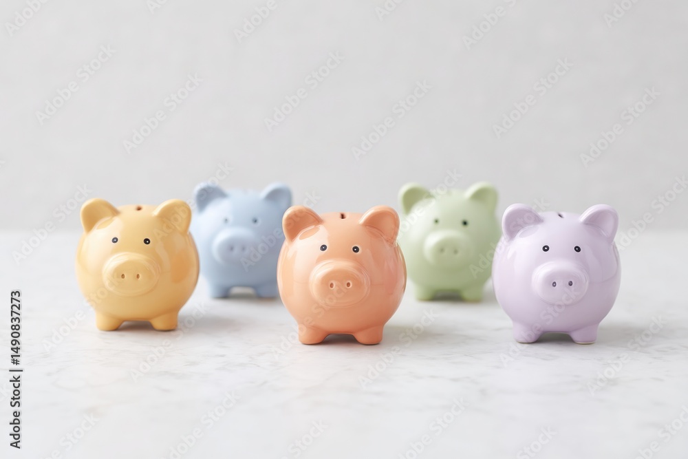 Poster clean and minimalistic image of piggy banks in different colors aligned on white surface symbolizing