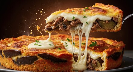 Melted Cheese Dripping from a Delicious Eggplant and Meat Pie