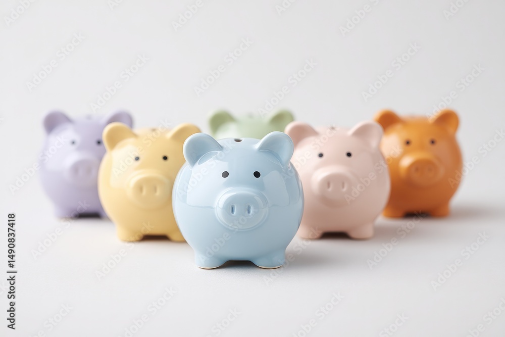 Poster clean and minimalistic image of piggy banks in different colors aligned on white surface symbolizing