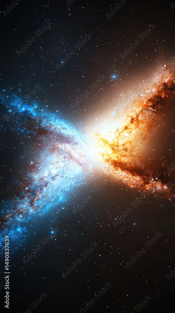 Poster cosmic collision of galaxies outer space digital art celestial environment wide-angle view universal