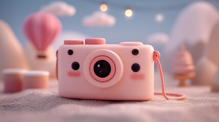 Smiling pastel pink camera character in a dreamy, toy-like world with soft textures, a hot air balloon, and floating lights, blending whimsy and creativity.