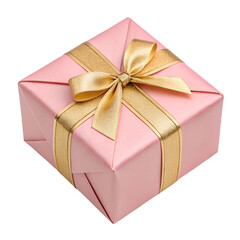 Pink gift box with golden ribbon bow top view on white background