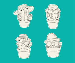 A set of hand-drawn vector stickers with a summery feel. Cheerful cacti in hats and sunglasses will bring a fun and carefree mood to your project.