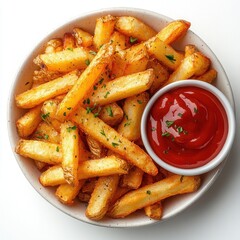 A bowl of golden french fries with fresh herbs and a side of ketchup on white