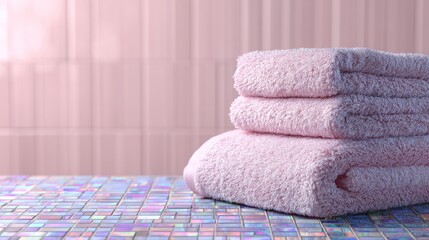 Soft pink towels stacked on a mosaic surface