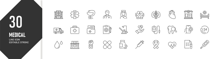 30 Doctors and medical tools in hospital work, editable stroke for UI kit, healthcare icon set