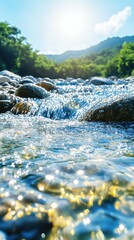 Fototapeta premium Flowing river stream in lush green valley water landscape photography nature scenic viewpoint