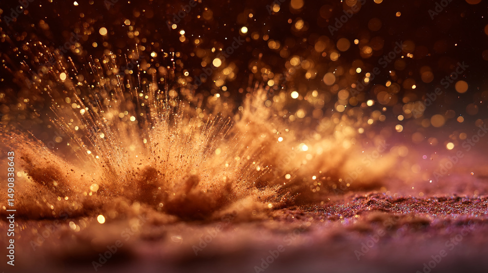 Poster golden dust explosion with bokeh lights creating a magical and ethereal atmosphere in a dark space