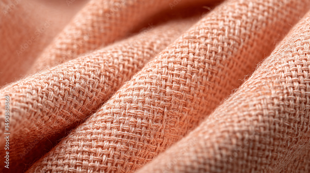 Poster close up of a light peach colored woven fabric with a textured surface and visible weave pattern