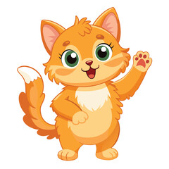 A fluffy ginger kitten standing on its hind legs with a paw raised and a joyful expression on white background