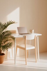 minimalist home office setup with desk and chair sunlight casting soft shadows clean image with space for text