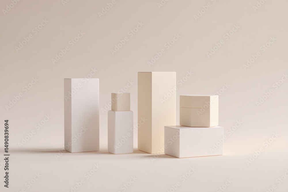 Aufkleber minimalistic 3d rendering of various product packages in neutral tones sits on blank background
