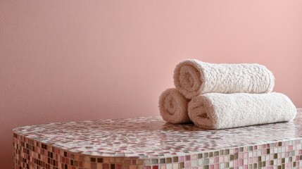 Fototapeta premium Rolled white towels on a mosaic surface