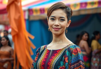 Obraz premium A transgender woman standing confidently in front of a cultural event backdrop