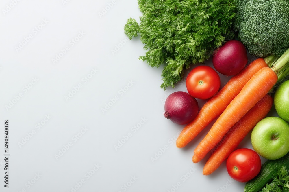Poster minimalistic display of fresh vibrant vegetables and fruits arranged neatly with ample copy space fo