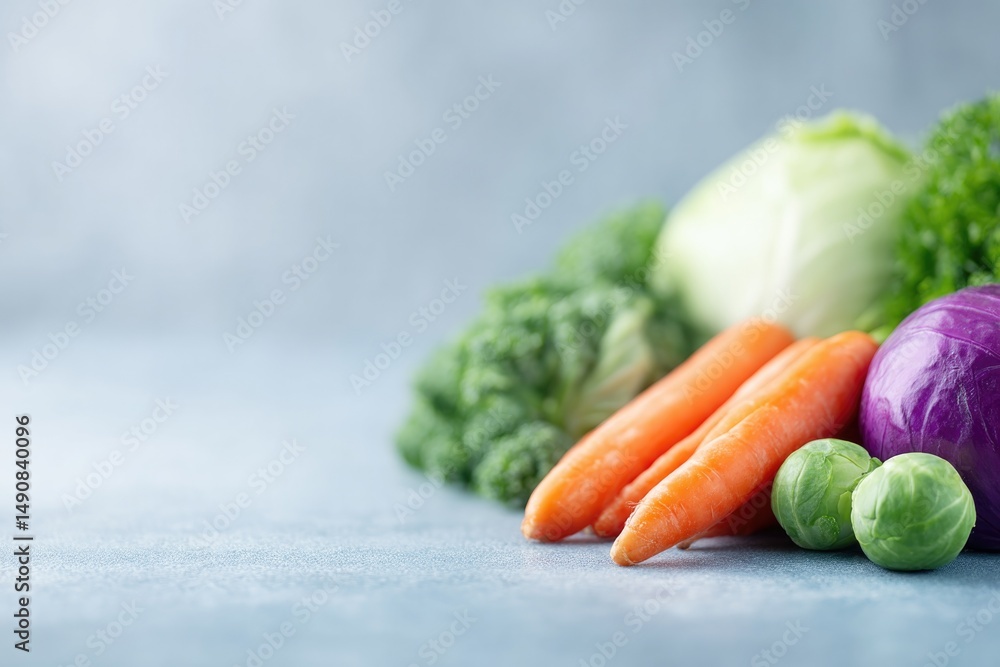 Poster minimalistic display of fresh vibrant vegetables and fruits arranged neatly with ample copy space fo