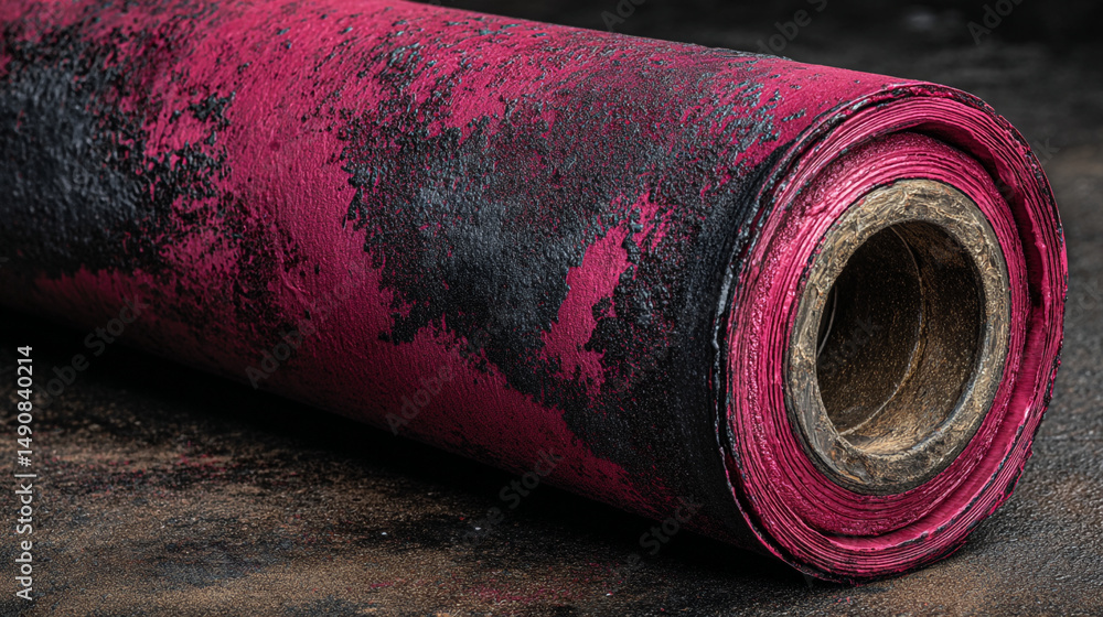 Poster a close up of a roll of pink and black material with a textured surface and a hollow core visible