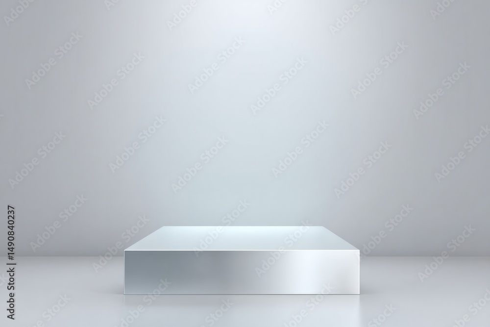 Poster minimalistic empty podium with mirror-like surface set against clear backdrop for copy space