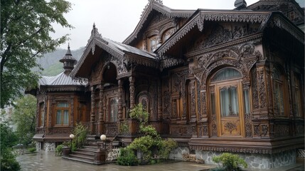 Naklejka premium Ornate wooden house exterior