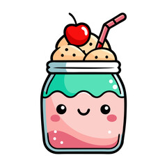 Kawaii Ice Cream in Mason Jar Doodle Vector Illustration in Kawaii Style
