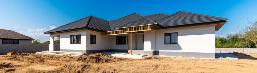 Home Under Construction Exterior View of New House with Black Roof, Construction , Real Estate
