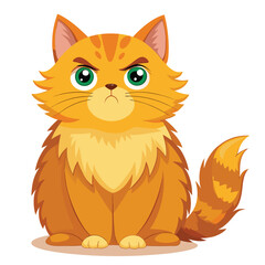 A fluffy golden tabby cat with a flat face and grumpy expression is sitting upright on white background