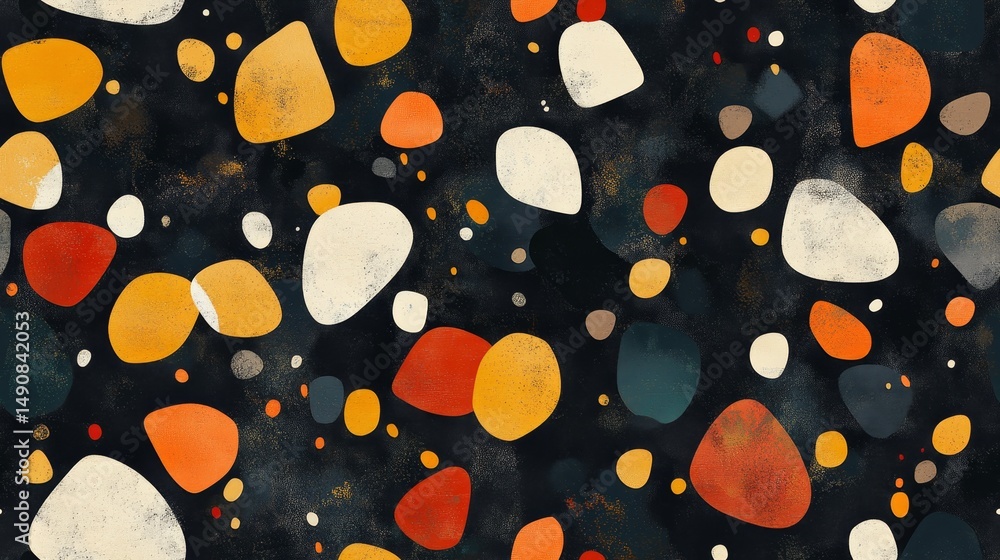 Poster abstract pattern of colorful, irregular shapes on a dark background.