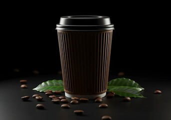 Dark disposable paper coffee cup with coffee beans and leaves